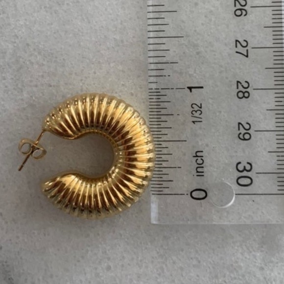 Gold Chunky Tube Textured Hoop Earrings - Picture 2 of 2